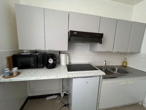 une cuisine blanche avec un évier et un micro-ondes dans l'établissement Beau Séjour Bourges, à Bourges