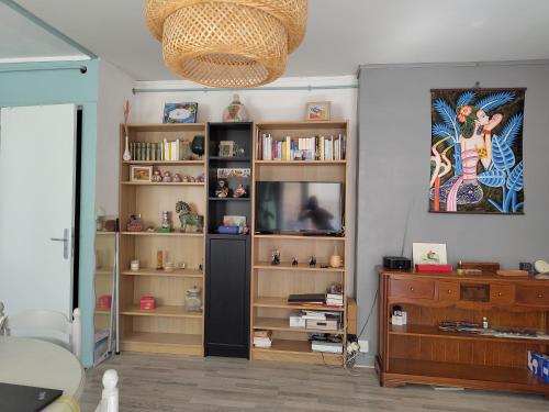 - un salon avec une télévision et une étagère dans l'établissement T2 pour 2 à 4 personnes - ligne 14 kremlin Bicêtre, au Kremlin-Bicêtre