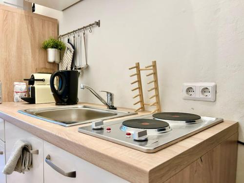 維也納的住宿－Stylish Studio near Center，厨房柜台配有炉灶和水槽