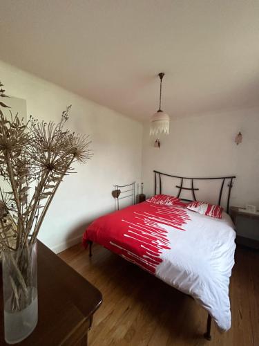 um quarto com uma cama com um cobertor vermelho e branco em Dame Salamandre em Concarneau