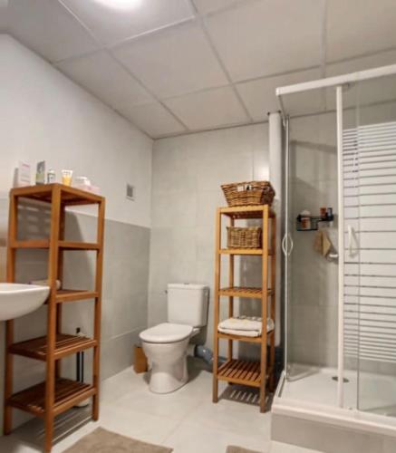 une salle de bain avec toilettes et douche en verre dans l'établissement Charmant appartement lumineux, au Muy