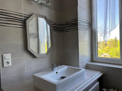 une salle de bains avec un lavabo blanc et un miroir dans l'établissement LA VIEILLE AUBERGE, à Saint-Geniez-ô-Merle