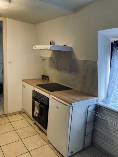 une cuisine avec une cuisinière et un comptoir dans l'établissement T1 Tout confort aux porte de Strasbourg, à Strasbourg