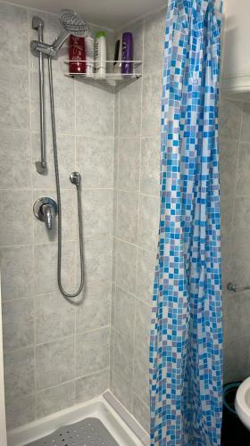 Un baño con ducha con cortina de ducha azul y blanca. en La Dimora Segreta, en Bitetto