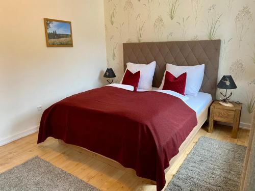 1 dormitorio con 1 cama grande con almohadas rojas en Altes Forsthaus - Fewo "Hasenhorn", mit privater Sauna, Todtnau- Feldberg, en Todtnau