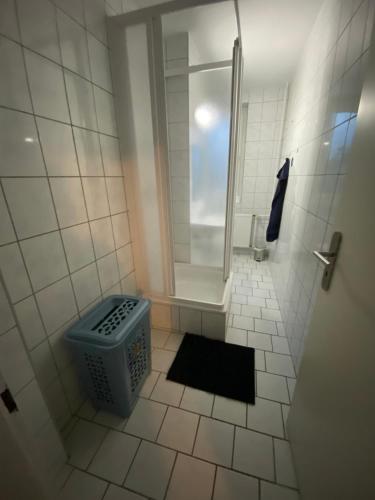 a bathroom with a shower and a trash can at Große Monteur/ Ferienwohnung TMS 22 in Maintal