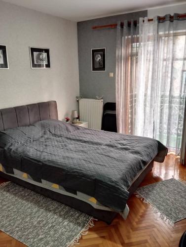 Un dormitorio con una cama grande y una ventana. en Apartman JELENA M Vrnjačka Banja, en Vrnjačka Banja