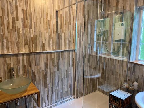 a bathroom with a shower and a sink at Anchor's Drop in Blue Anchor