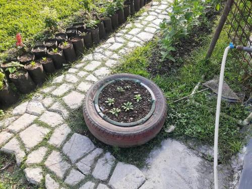 a tire sitting on the ground next to a garden at Palm715 Villa in jorhat in Jorhāt