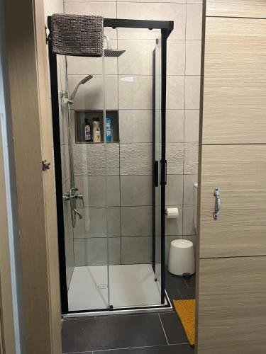 eine Dusche mit Glastür im Badezimmer in der Unterkunft Casa Deniz in Málaga