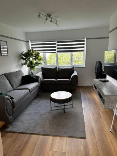 a living room with a couch and a table at Oxfords 5 Star Lux 2 bedroom Flat near JR 4 pax, permit parking in Oxford