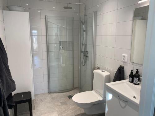La salle de bains est pourvue d'une douche, de toilettes et d'un lavabo. dans l'établissement Nybyggd villa med närhet till berg och hav, à Hunnebostrand