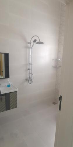 Habitación con baño blanco con ducha. en نزوي, en Nizwa