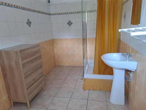 uma casa de banho com um lavatório e um chuveiro em Soleil bleu em Les Abymes