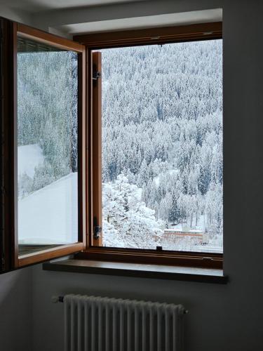 a window with a view of a snow covered forest at Casa Luca in Mezzana