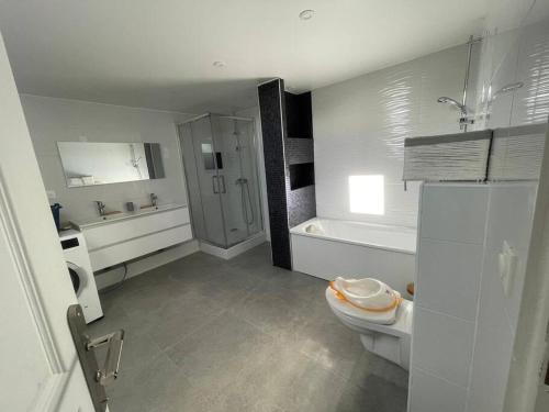 une salle de bain avec une baignoire, des toilettes et un lavabo dans l'établissement Bundle 2 Duplex Argenté 20 min Paris Saint Lazare, à Argenteuil