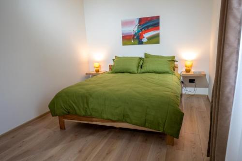 una camera da letto con un letto con un piumone verde e due lampade di Apartman Vucetic a Kraljevo