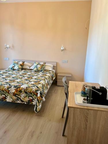 a bedroom with a bed and a desk with a sink at Affittacamere La Quiete in Arona