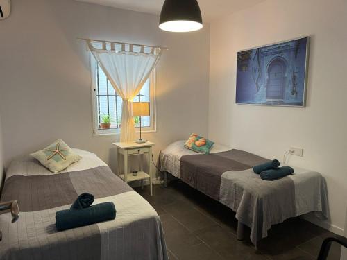 ein Zimmer mit zwei Betten und einem Fenster in der Unterkunft Casa Deniz in Málaga