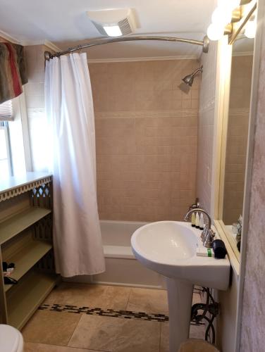 a bathroom with a shower and a sink and a tub at Arlington Inn & Spa in Arlington