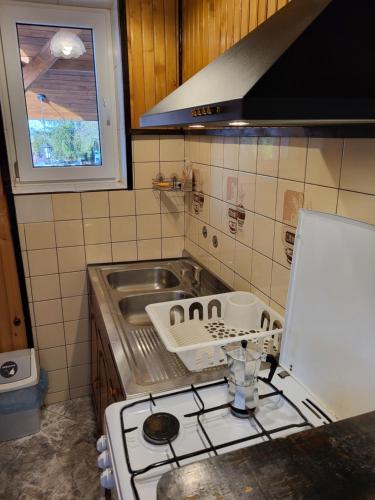 a kitchen with a sink and a stove top oven at Magnolia in Sobolew