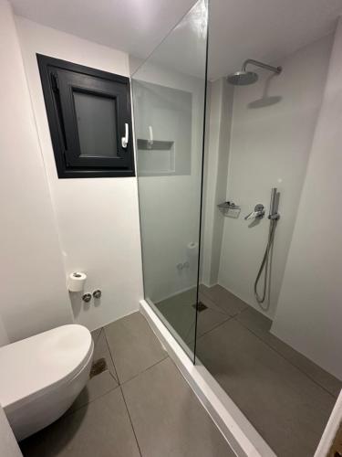 a bathroom with a toilet and a glass shower at The Coast Suites in Tourlos