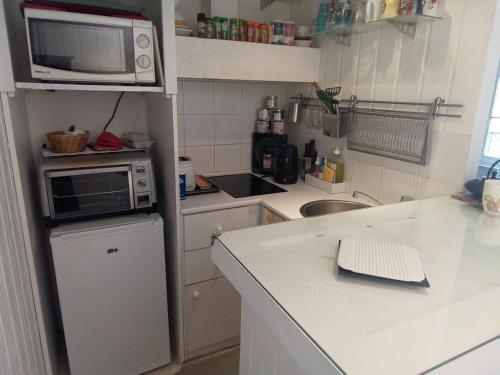 eine kleine Küche mit einer Mikrowelle und einer Theke in der Unterkunft L'appartement florentin in Saint-Germain-en-Laye