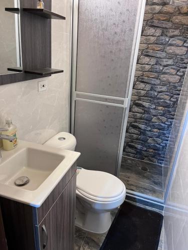 a bathroom with a toilet sink and a shower at La Posada de Elisea - Mongui in Monguí