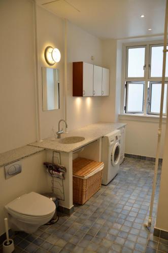 a bathroom with a sink and a washing machine at Rent a Room Copenhagen in Copenhagen