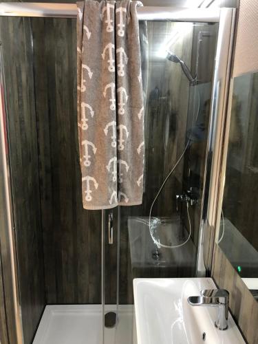 uma casa de banho com um lavatório, um chuveiro e uma toalha em Husbåt em Österhaninge