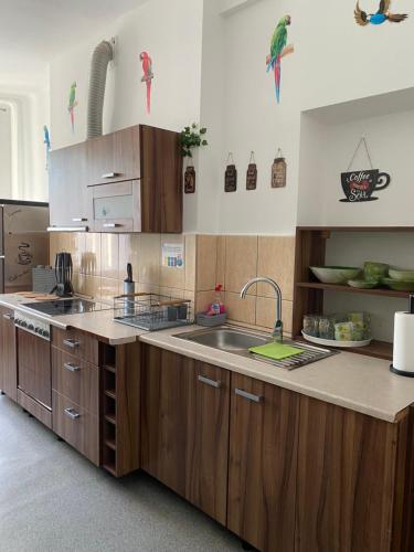 a kitchen with wooden cabinets and a sink at Jungle Rooms in Gdańsk