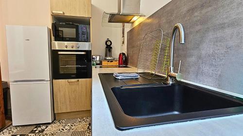 uma cozinha com um lavatório e um frigorífico branco em El Dino in country cathare*PRO*Oc Keys011 em Espéraza