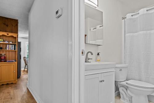 a white bathroom with a toilet and a sink at Beaverdam Bliss Cabin on 14 acres in Madison