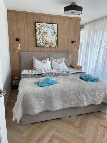 1 dormitorio con 1 cama grande y 2 toallas. en Lake apartaments, en Ignalina