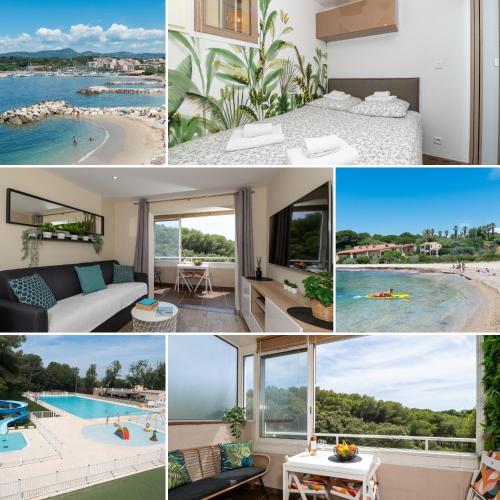 un collage de photos d'une chambre d'hôtel avec piscine dans l'établissement Le Verd'ô - Piscine - Plage - Parking - Wifi - MyBestLoc, à Six-Fours-les-Plages