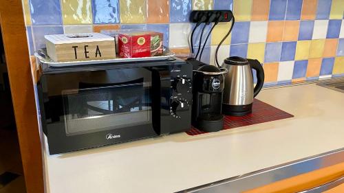 a microwave sitting on a counter in a kitchen at ENJOY HOUSE in Ronchi