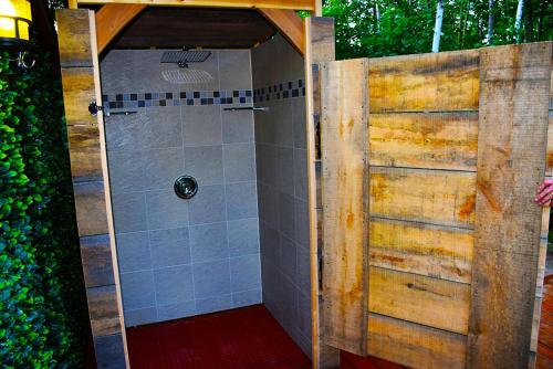 a bathroom with a shower with a wooden door at Footprints Resort in Bancroft