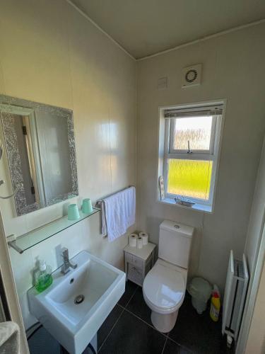 a bathroom with a white toilet and a sink at Valley View 1 (Tourist board registered) in Tamnyrankin