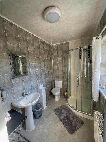y baño con lavabo, aseo y ducha. en Valley View 2 NI Tourist board Registered, en Tamnyrankin