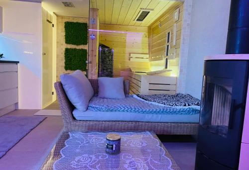 a living room with a couch and a television at DELUXE Dom z sauną i jacuzzi w otoczeniu gór, lasu i jeziora in Łodygowice