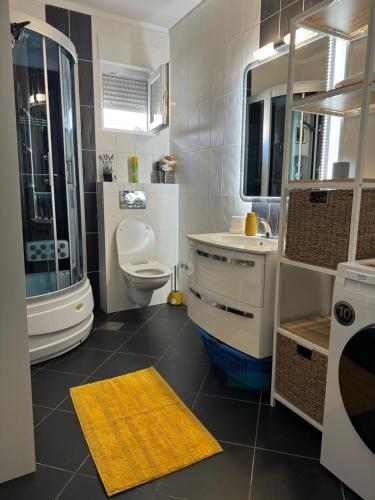 W łazience znajduje się toaleta, umywalka i lustro. w obiekcie Panorama Sevid w mieście Sevid