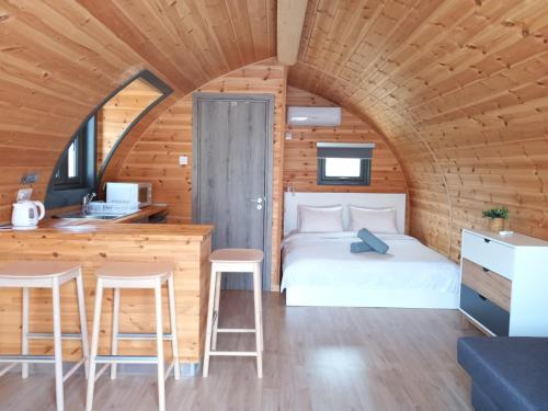 a room with a bed and a kitchen in a cabin at Glamping Pod in Prodhromi