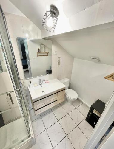 une salle de bain avec un lavabo et des toilettes dans l'établissement Charmante maison mitoyenne, à Melun