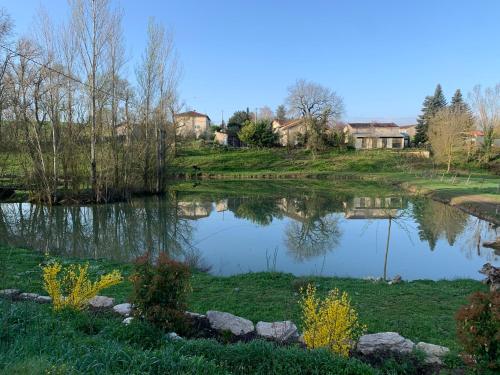 un étang dans une cour avec des maisons en arrière-plan dans l'établissement Gite au calme à 15 min d'Albi, 7 personnes, à Taïx