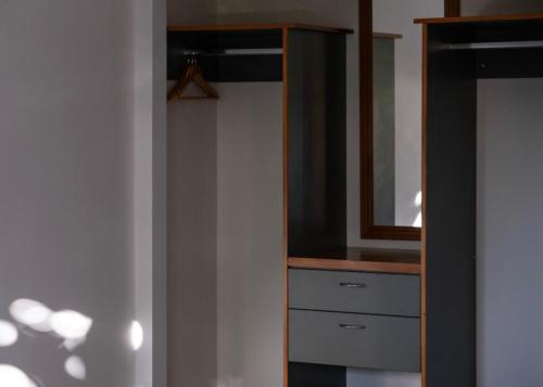 a closet with a mirror and some drawers at Bow Street Apartments & Cottage in Raglan
