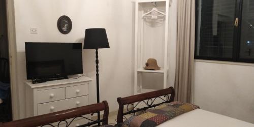 ein Wohnzimmer mit einem TV und einer Kommode mit einer Lampe in der Unterkunft Apartman Victoria in Gradac