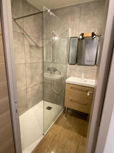 un baño con ducha y lavabo en Studio vue mer Presqu'ile de Giens (Porquerolles - Var), en Hyères