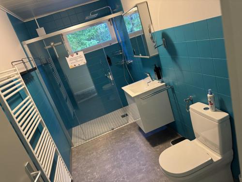 La salle de bains bleue est pourvue de toilettes et d'un lavabo. dans l'établissement HubTime, à Algermissen
