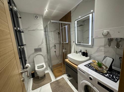une petite salle de bain avec toilettes et lavabo dans l'établissement Apartman MOMENTUM, à Zlatibor