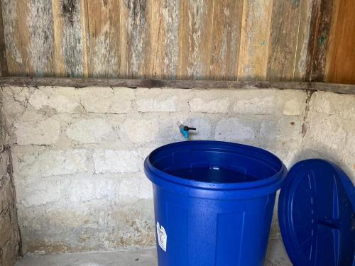 a blue trash can sitting next to a brick wall at Indos Homestay-Raja Ampat in Besir